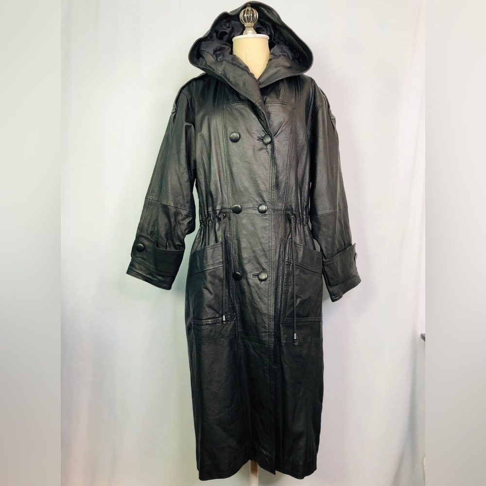 D.A.N.Y. Oversized Hoodie Double Breasted Leather Black Midi Coat Size S